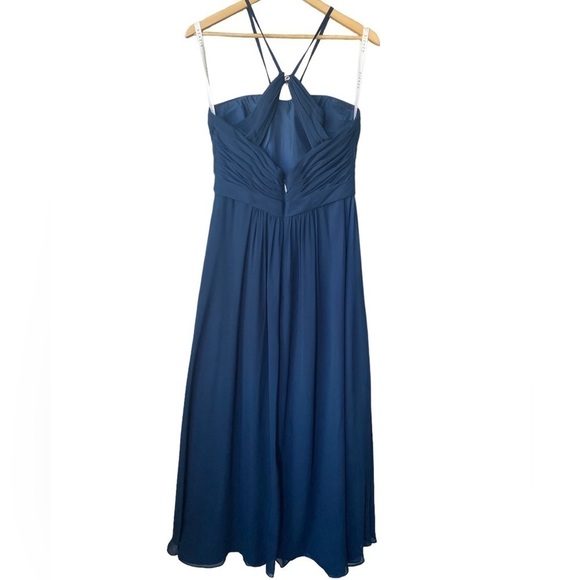 Azazie Bridesmaid Chiffon Maxi Dark Navy Halter Sweetheart Neckline Size 10 - Picture 4 of 9